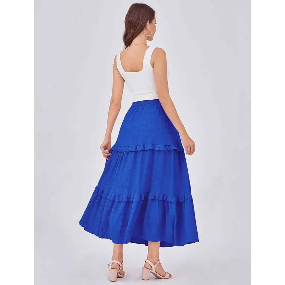 Women's Royal Blue Casual Elegant A Line Flowy Ruffle Tiered Pockets Maxi Skirt - Picture 4 of 5